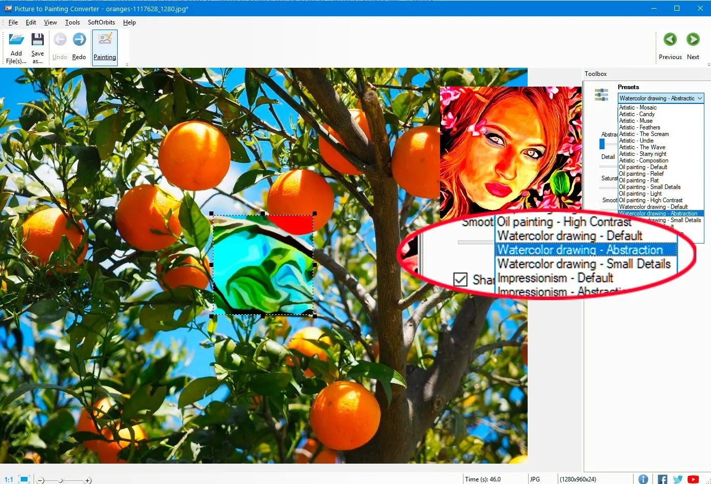 Select preset in the Picture to Painting Converter program..