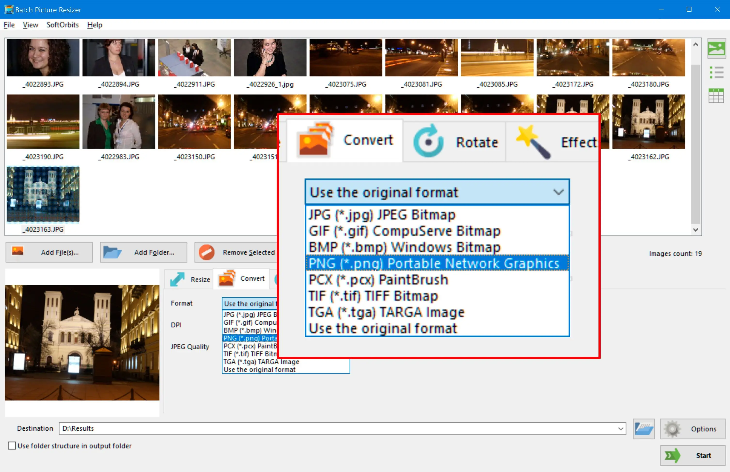 Select the format convert a WebP file to PNG using..