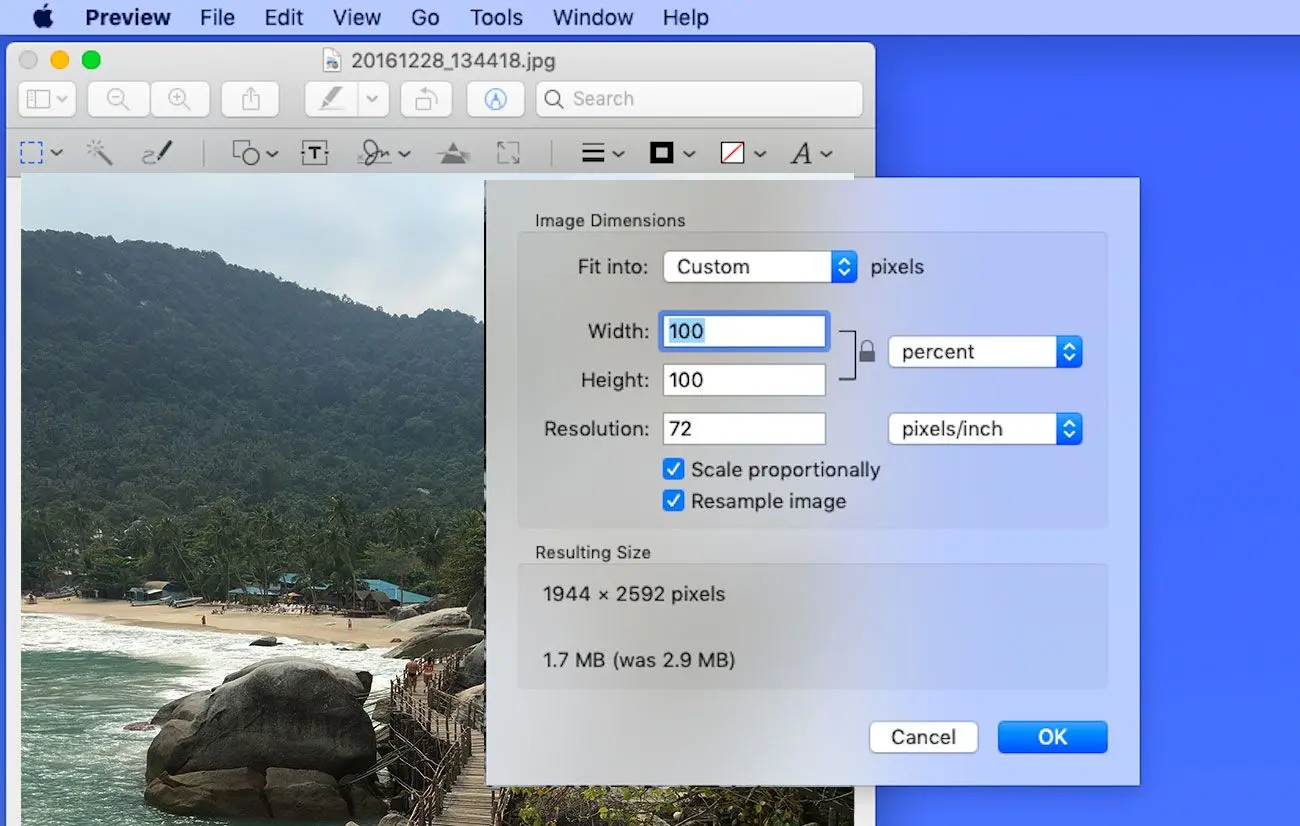 Resize photo on MAC in KB..