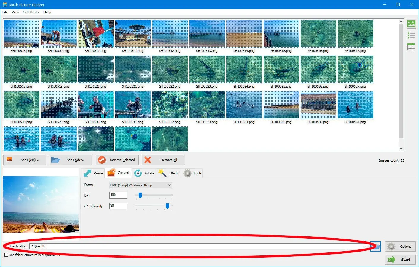 Choose destination folder in Batch Picture Resizer..
